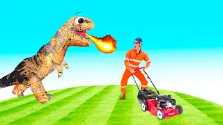 Kids prank dad with Dinosaur Dress up | blippi toys, lawn mower garbage trucks kids video | min min