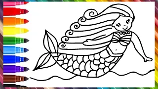 Drawing and Coloring a Cute Mermaid 🧜‍♀️🌊🐚🌈 Drawings for Kids| How to Draw