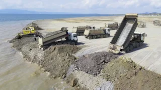 Huge Mighty Bulldozer and Dump Trucks Working Building Beach     Bulldozer Construction TV