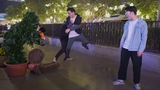 Teddy Bear & Bushman Prank in China.：The guy was so frightened that he started talking nonsense.