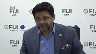 Fijian Attorney-General and Minister for Economy holds press conference at Fiji Airways office.