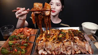 SUB)Spicy Seafood Jjajangmyeon with Pork Belly Samgyeopsal Mukbang Asmr