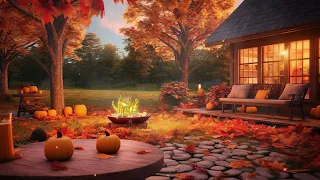 Cozy autumn porch space with relaxing birdsong, fireplace, first autumn mood, Relax with music