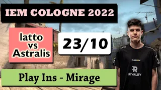 CSGO POV PLAYS - latto (23/10) vs Astralis [Mirage] @ IEM Cologne 2022 Play Ins