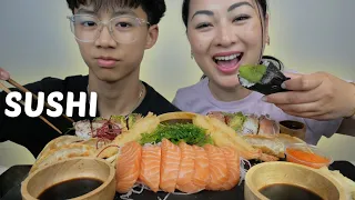 SUSHI with NICO! Salmon Sashimi, Gyoza, Temaki Cone and Hawaii Roll | N.E Let's Eat