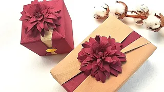 GIFT PACKAGING IDEAS | GIFT BOX WRAPPING with PAPER DAHLIA FLOWER DECORATION | I.Sasaki Original