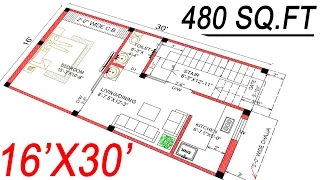 16x30 Sqft House Plan | 480 Sqft Ghar Ka Naksha | 50 gaj plot ka naksha | 16 by 30 House Plan | 1BHK