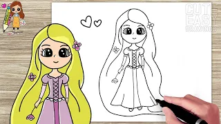 How to Draw Cute Disney Princess Rapunzel from Tangled Movie, Easy Drawing