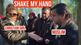She asks a Muslim to shake hands Mansur Vs Christian Lady | Speakers Corner | Hyde Park