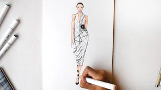 BASIC Fashion illustration figure sketching colouring with markers TIMELAPSE garment plaid rendering