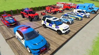 TRANSPORTING CARS, AMBULANCE, FIRE TRUCK, POLICE CARS OF COLORS! WITHTRUCKS! - FARMING SIMULATOR 22