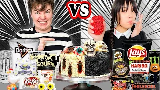 WEDNESDAY ADDAMS BLACK VS WHITE FOOD CHALLENGE | EATING ONLY 1 COLOR SNACK IN 24 HOURS BY SWEEDEE