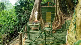 Build Shelter Under a 1000 Year Old Tree. Survive With Rain, Sun and Wind - Bushcraft Alone