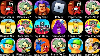 Plants vs Zombies 2,Banana Survival Challenge,Stumble Guys,Tom Friend,Grimace Monster DOP,Squid Game