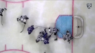 Demchenko deflects the shot already lying on the ice