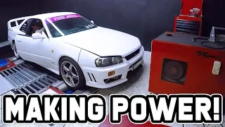 MAKING POWER ON THE DYNO - R34 Skyline Build!