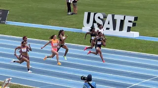 2024 USATF LA Grand Prix 100m. Steiner 11.32, Thomas 11.42, Smith-Barnett 11.27, Gardner 11.22