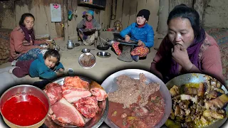 Pork Meat & Blood mix curry with Nepali Traditional food  (DHIDO) Flour Rice || Dhido recipes eating