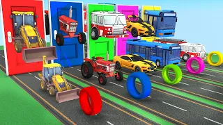 Choose The Right Door With Tyres Fire Truck, Car, School Bus, Tractor, JCB 3D Vehicles Game