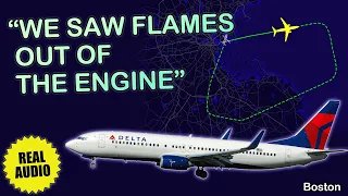 Bird strike caused FLAMES from the ENGINE. Delta Boeing 738 returned to Boston. Real ATC