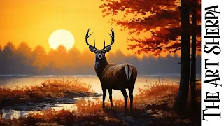 Deer at sunset lake Autumn landscape  🌟🎨 How to paint acrylics for beginners: Paint Night at Home