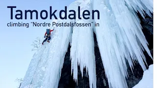Climbing ice in Tamokdalen in Arctic Norway Nordre Postdalsfossen