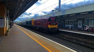 Class 20142 and 20189 drag a class 777 with two rail adventure class 43 through Warrington bank quay