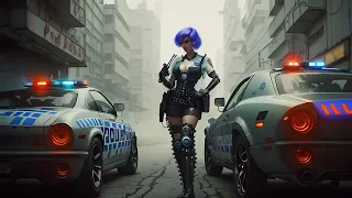 Free Stock Videos - AI animation - a cyberpunk woman police officer with cyberpunk car beside her