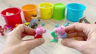 🐥🐳🚒🌲🍀What is in the colorful cups? Colors, nursery rhymes for toddlers,kids 😍 with Peppa&George😍