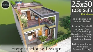 25x50 Feet 4 BHK House Design with Basment| Pool & Party Hall | 7.5X15 Meters | 135 Gaj | ID-208