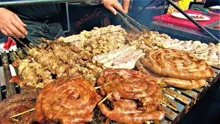 Street Food of Sicily, Italy. Grilled Sausages, Horse Meat, Lamb Guts, Spleen. 'Stigghiola', 'Meusa'