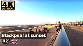 Sunset in Blackpool UK.Relaxing walking tour from seaside to south pear.