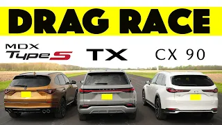 Lexus TX500h vs Mazda CX-90 PHEV vs Acura MDX Type S. Gone in 14 Seconds. Drag and Roll Race