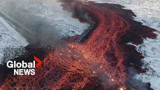 Iceland volcano: Mesmerizing drone video shows bubbling lava swallow road near Blue Lagoon