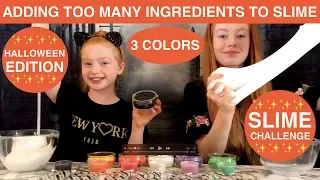 3 COLORS OF ADDING TOO MUCH INGREDIENTS TO SLIME CHALLENGE | HALLOWEEN EDITION | Ruby & Raylee