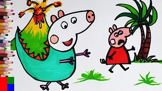 Peppa pig running away from Gian Dinosaur George Pig drawing for kids🦖| Kawaii #drawingparty