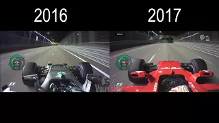 [HD] F1 2016 vs 2017 Onboard comparison Rosberg vs Vettel in Singapore