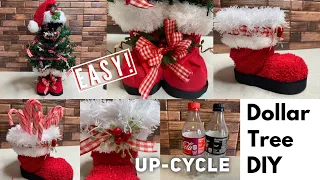 Dollar Tree DIY Santa Boot Tree Stand, or Gift bag, Santa Tree Topper Upcycle Soda bottles.