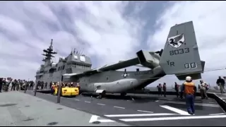 Raw: Marines Land Osprey on Japanese Ship