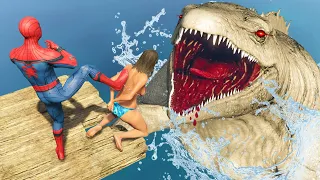 GTA V Crazy Ragdolls | SPIDERMAN FOUND SEA MONSTER The Mosasaurus Dinosaur #6 (Euphoria Physics)