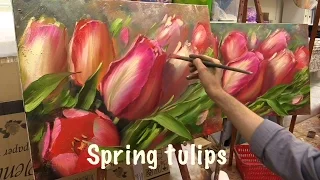 Spring Tulips. Workshop with two canvas.Workshop  in English from Oleg Buiko. Oil painting.