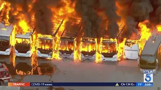 Massive industrial complex fire burns structures, buses in Compton area