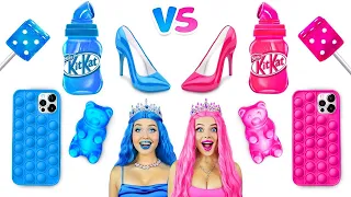 Tantangan Makanan Pink VS Biru! Tiup Permen Karet 1 Warna 24 JAM | Perang Epic Gadis oleh RATATA