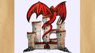 Draw a Dragon On a Castle I Dragon with Castle Drawing Tutorial I Easy Dragon Drawing