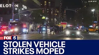 Stolen SUV crash pins NYC moped delivery driver under car