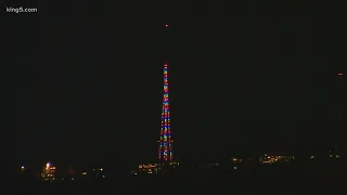 Space Needle, KING 5 tower lit up for holidays