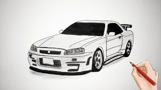 How To Draw a Nissan GT-R | Drawing Nissan GT-R Skyline R34 step by step