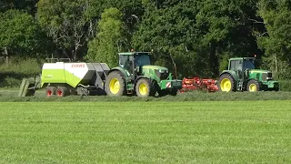Rowing Up, Baling, Wrapping & Collecting Bales for Haylage with John Deeres, Fendt & Manitou - SOUND