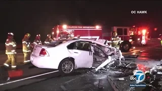 Man dies after car slams into back of semi truck on 91 in Anaheim | ABC7