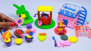 DIY How to make polymer clay miniature house, kitchen set, water well, charpai, tree | Village House